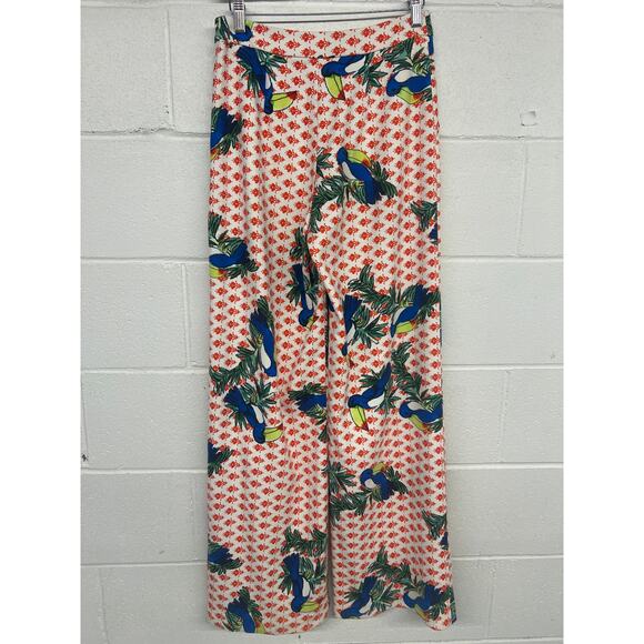 Badgley Mischka Sz 0 Parrot Orange Blue Print Wide Leg Tropical Resort Pants - Picture 4 of 5